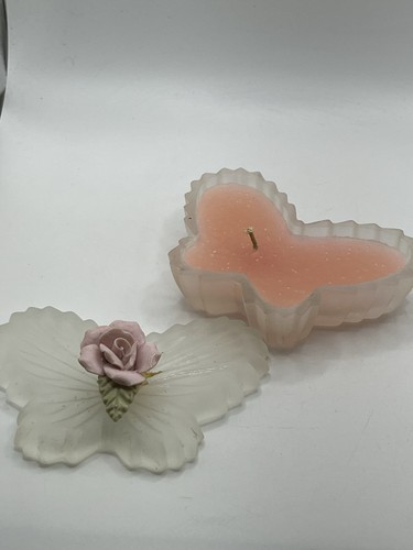Vintage Butterfly Shape Frosted Glass Candle Holder- With Lid - Pink Rose on Top - Picture 2 of 24