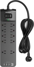 Power Strip - Addtam Surge Protector with 10 Outlets and 4 USB 6 - FT, Black