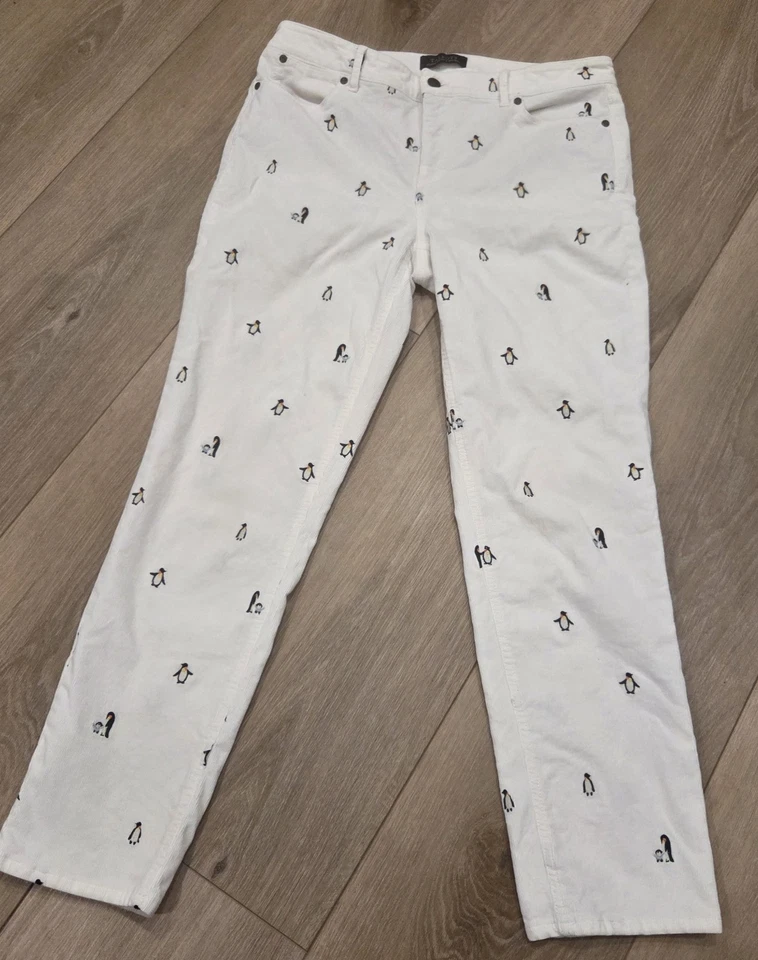 Pantalones al tobillo Talbots impecables de cinco bolsillos ajustados 10 pana bordada pingüino Foto 3 de 4