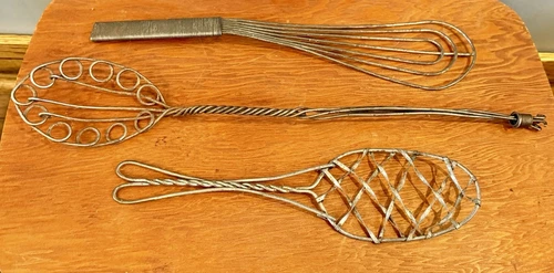 3 Vintage Egg Beaters - Metal Wire Wisk -  Whisk Spoon Mixer Twisted Metal