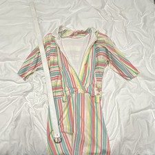 Womens Vintage Multicolour Striped V-Neck Belted Shift Dress Cotton Size 12