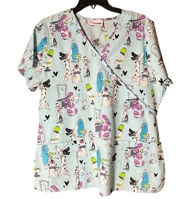 Scrub Star Scrub Top Women s XL Blue Cotton Dalmatian Dogs Puppies Pockets