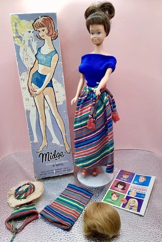 RARE 1964 Vintage FASHION QUEEN MIDGE Barbie BOX Pak Outfit 2 WIGS GEISHA Shoes