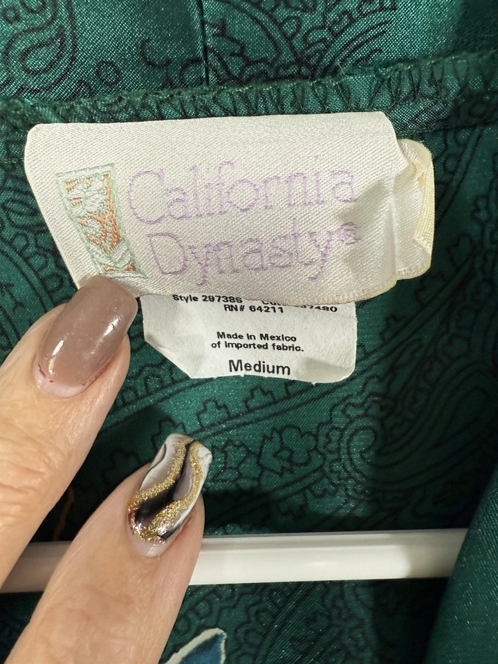 CALIFORNIA DYNASTY халат спа халат шелковистый синий зеленый цветочный ремень женщин Sz M - Изображение 4 из 4