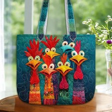 Quilted Chicken Tote Bag Funny Rooster Handbag Colorful Farm Purse Gift Women