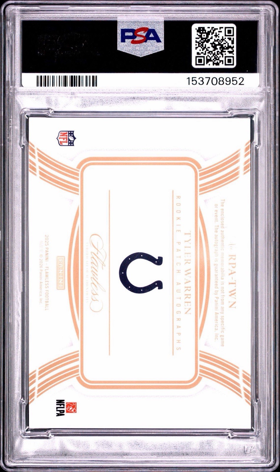 2025 Panini Flawless Rookie Patch Auto Tyler Warren Colts RPA Ruby /15 PSA 10 view 2