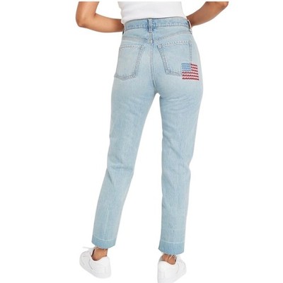 Old Navy Women's Extra Hi Rise Sky High Straight Jeans American Flag, Size 2P 