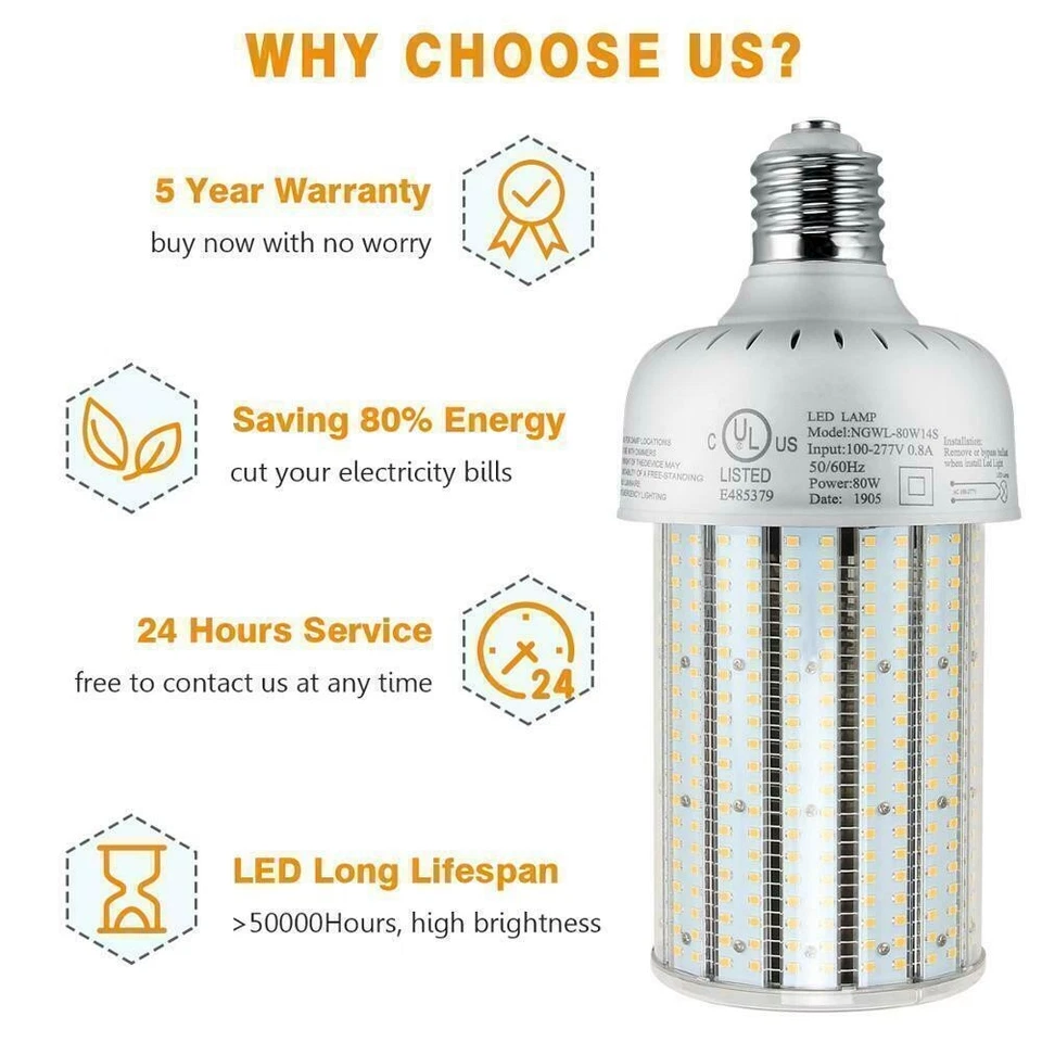 80W LED Corn Bulb Light E39 Mogul Base Parking Lot Warehouse Lighting AC277~480V - Image 2 of 4