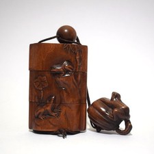Inro Frog Japanese Boxwood carved Antique Edo Era Ojime Netsuke 1354