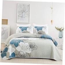 3 Pieces Quilt Set King Blue Floral Pattern Quilt King 104"x 90" Blue Flower