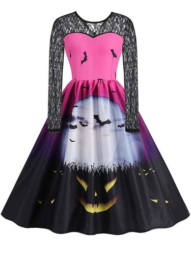 Halloween Costumes for Women Lace Long Sleeve Print Vintage Cosplay Party Dress - Picture 18 of 33