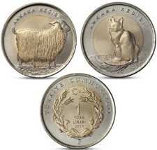 TURKEY 1 LIRA - 2 COINS SET - ANIMALS ANGORA CAT and GOAT BIMETALLIC 2015 UNC