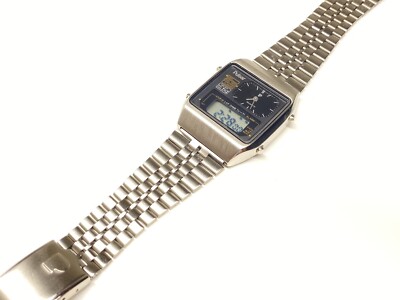 vintage pulsar stop w. alarm lap chime dual date stainless steel wristwatch