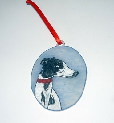 Hand Painted Black and White Greyhound Dog Ornament Whippet IG