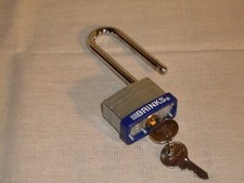 Brinks keyed padlock.  3" extra-long hardened steel shaft. Includes 2 keys.