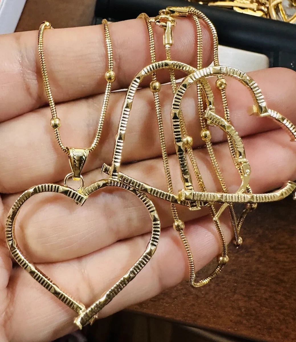 18K 750 Real Gold Heart Earring & Ball Necklace 19.5” Long Women’s 2.5mm 8.2g
