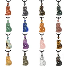 Natural Gemstone Carved Cat Necklace 30mm Cute Animal Pendant Necklace 22 inch