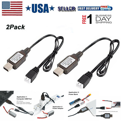 2-Pack USB Charger Cables For 2S 7.4V LiPo Batteries - RC Drone Quadcopter FPV Charging