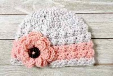 handmade crochet baby flower hat preemie beanie button pink gray nova