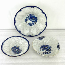 Vintage Set of 3 Napoca Romania Hand Painted Blue Floral Reticulated Bowls
