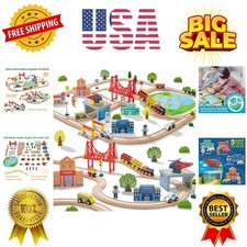 110PCS Wooden Train Set   Toy Train with Tracks for Kids Ages 3-7, Compatible...
