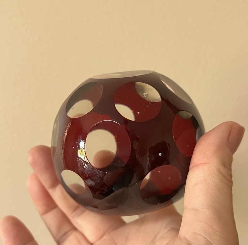 Vintage Art Glass Octagonal Ruby Red and Clear Circles Glass Paperweight