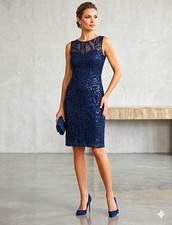 Tahari Arthur S. Levine Navy Lace Sequin Sheath Dress Scoop Neck Knee 4