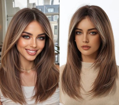 Long Rooted Brown Mix Straight Synthetic Hair Wigs Women Soft Natural Daily