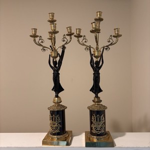 Antique Pair 20th Century French Empire Gilt and Patinated Bronze Candelabra.