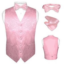 Men's Dress VEST Bow Tie PINK Color PAISLEY Design Suit Tuxedo BowTie Hanky Set