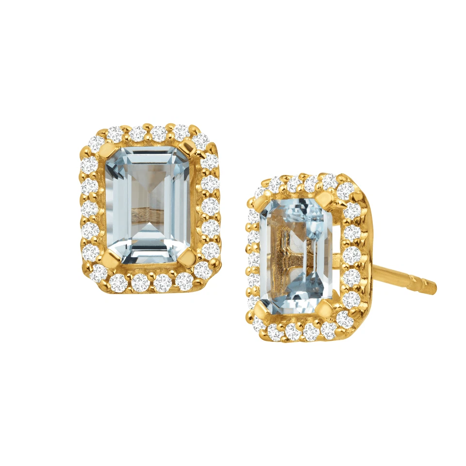 Finecraft 1 1/2 ct Simulated Aquamarine Earrings with CZ, 14K Gold Over Silver