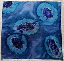 SCARF VINTAGE AUTHENTIC HANDPAINTED ABSTRACT WATERCOLOR BLUE SILK 33" SQUARE