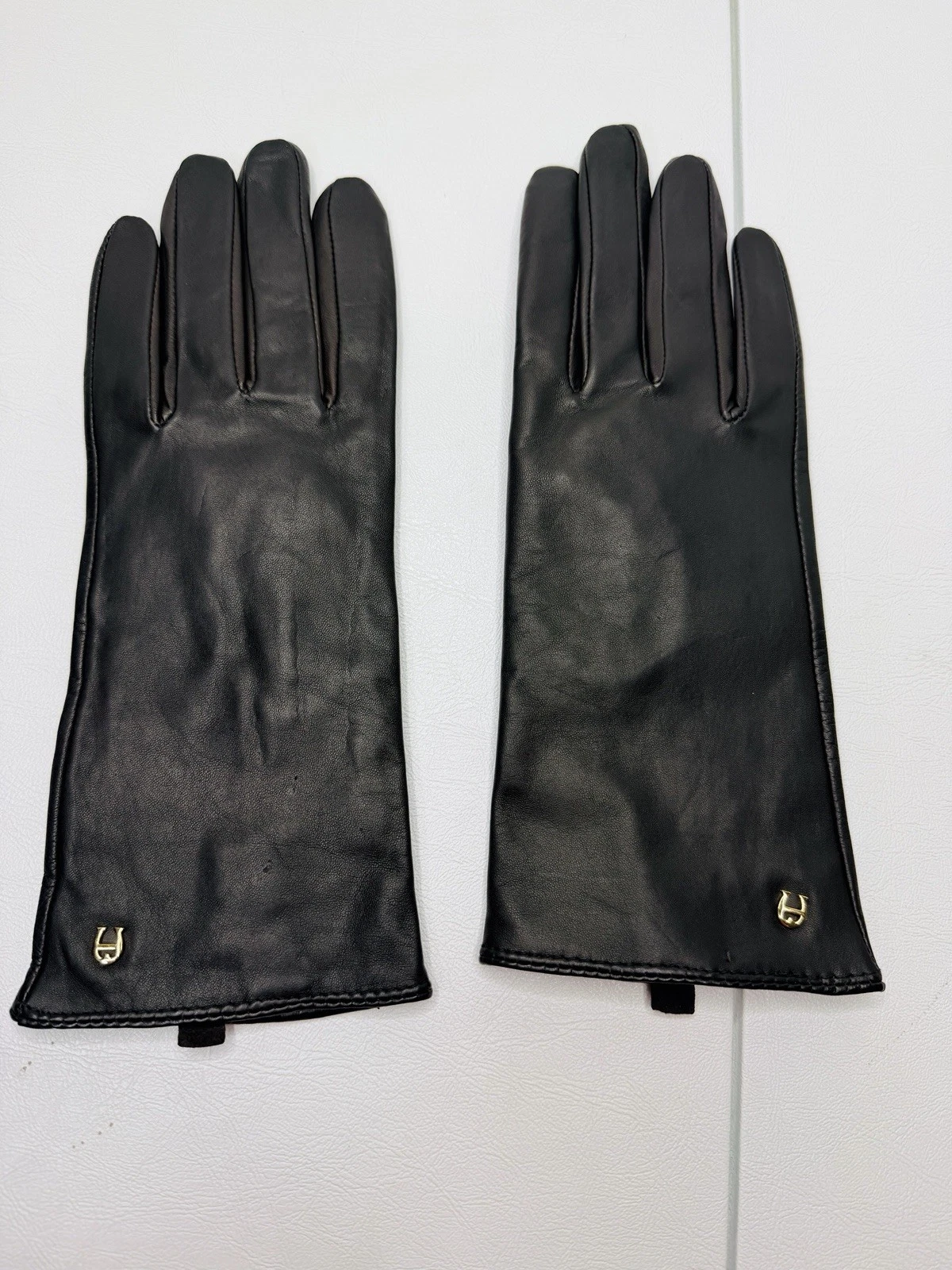 Etienne Aigner Leather Cashmere Lined Gloves Women Medium Black Gold Logo