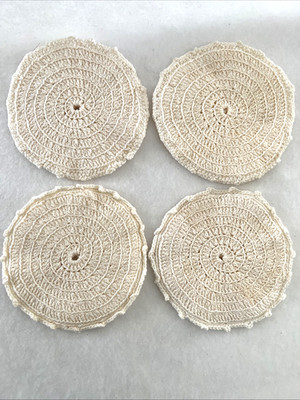Vintage Handmade Crochet Coaster Set Of 4 Ivory Cream 4.5 Inch double thickness
