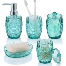 Shatterproof Acrylic Teal Blue Bathroom Accessories Set – Glass-Free, 5-Piece...