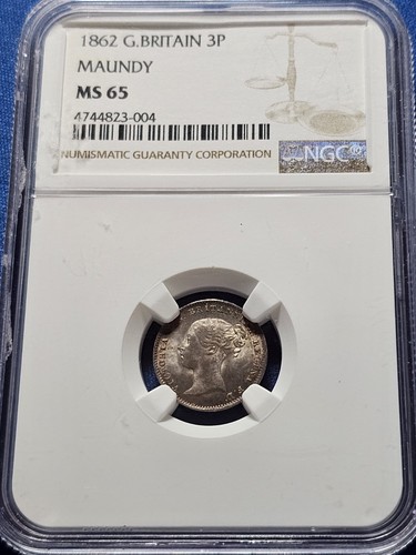 EB 1862 Great Britain Victoria Maundy 3 Pence NGC MS 65. Beautiful Toning