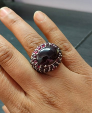 Natural Garnet Ring Oval Cabochon Gemstone Pave Unisex Vintage Style Jewelry US7
