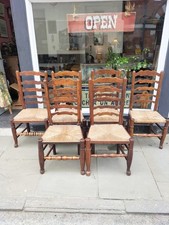 A Set Of 6 Early 19th Century Country Oak Ladder back Dining Chairs Rush Seats