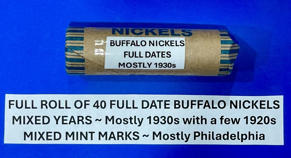 Buffalo Nickels Lot Roll of 40 FULL DATE Coins ~ Mostly 1930s and Mixed Mints - Image 2 of 4