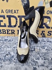 Vintage 1930s 1940s Style Black Cream Patent Mary Jane Brogues Shoes UK 7 
