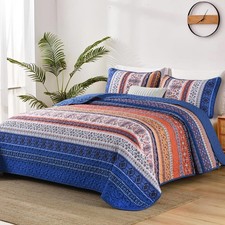 Boho Quilt Queen Size, Blue and Orange Bohemian Bedspread Queen Size Set with...
