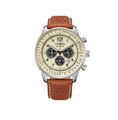 NEW Citizen Watch CA4500-08X Eco-Drive Chronograph Beige Dial Brown Leather