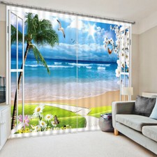 Beach Seascape Blackout Curtain Flower Palm Tree for Bedroom 3D Window Curtains