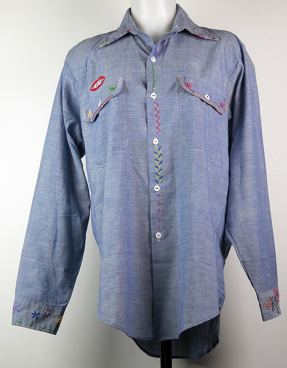 VTG 60s-70s Big Mac Button-Up Hippie Embroidered Blue