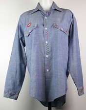 VTG 60s-70s Big Mac Button-Up Hippie Embroidered Blue Chambray Shirt Men's M