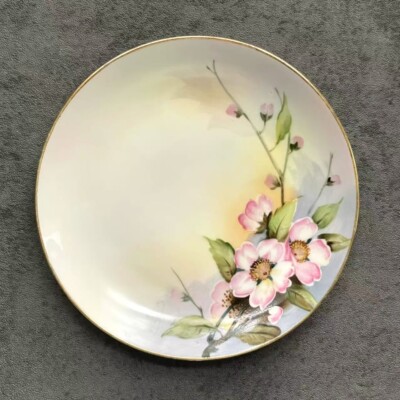 Artist Signed Vintage Nippon Hand Painted 6.25 Plate Pink Flowers Gold Trim RARE