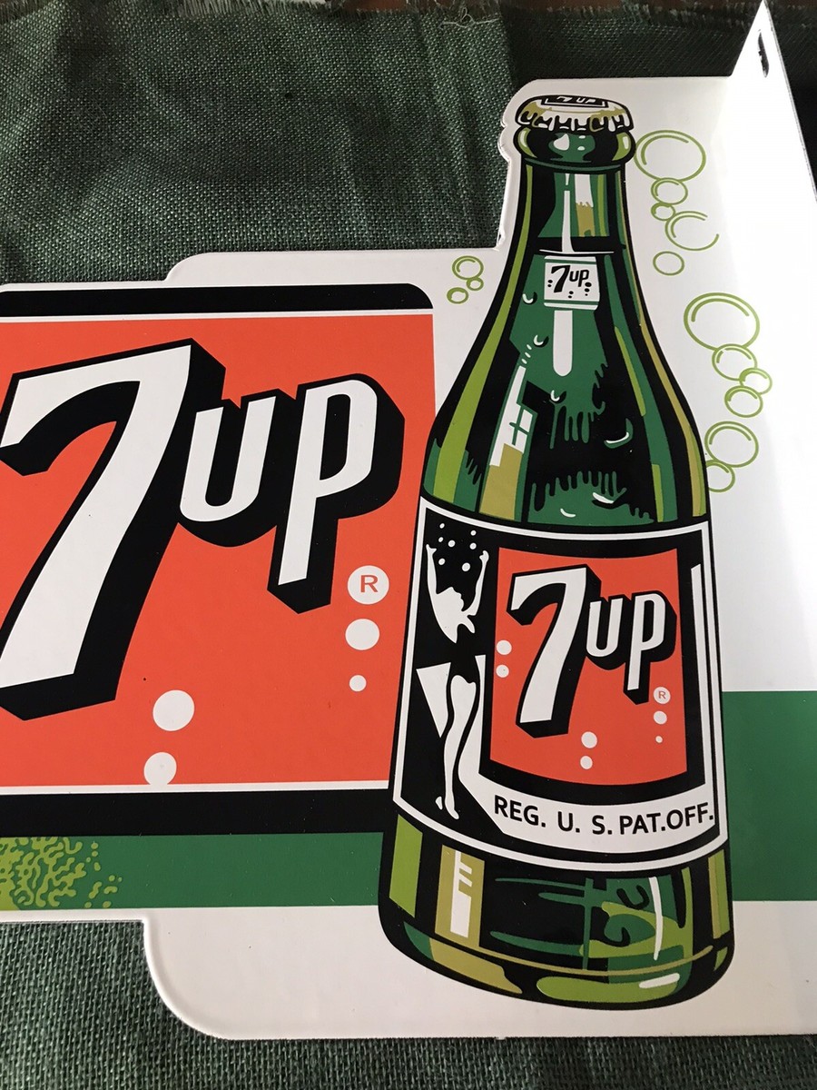 VINTAGE STYLE 7UP FLANGE 2 SIDED HEAVY BAKED PORCELAIN SIGN
