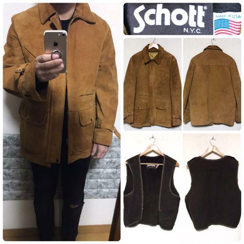 Schott Leather Car Coat Jacket With 