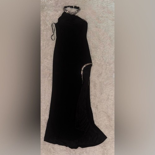 NWOT MAC DUGGAL 26533 HIGH SLIT HALTER RHINESTONE ACCENTS Black Dress sz 6 - Picture 4 of 7
