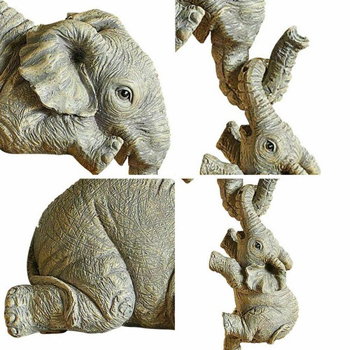 3X Resin Elephant Sitter Figurines Mother and 2 Babies Hanging Off Edge For Gift - Picture 5 of 13